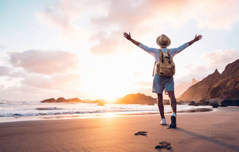 a blink of an eye, Walking Securely, travel, in, peace, man, reaching, destination, on, beach